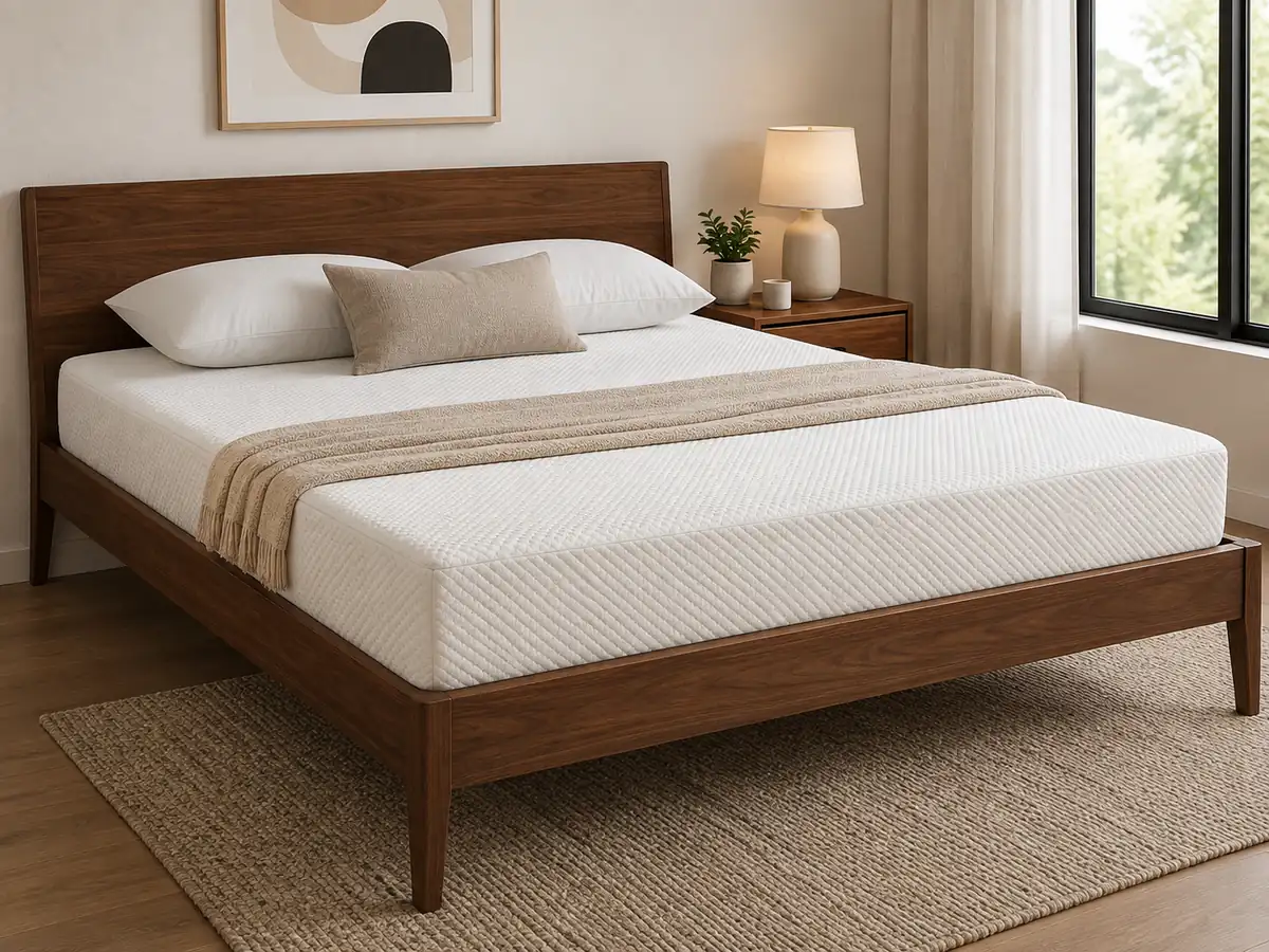 All Foam Eco Mattress with white Coolmax cover shown on a wooden bed frame