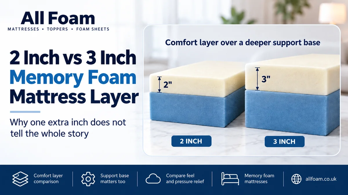 Side-by-side foam mattress layer cross-sections comparing 2-inch and 3-inch memory foam comfort layers