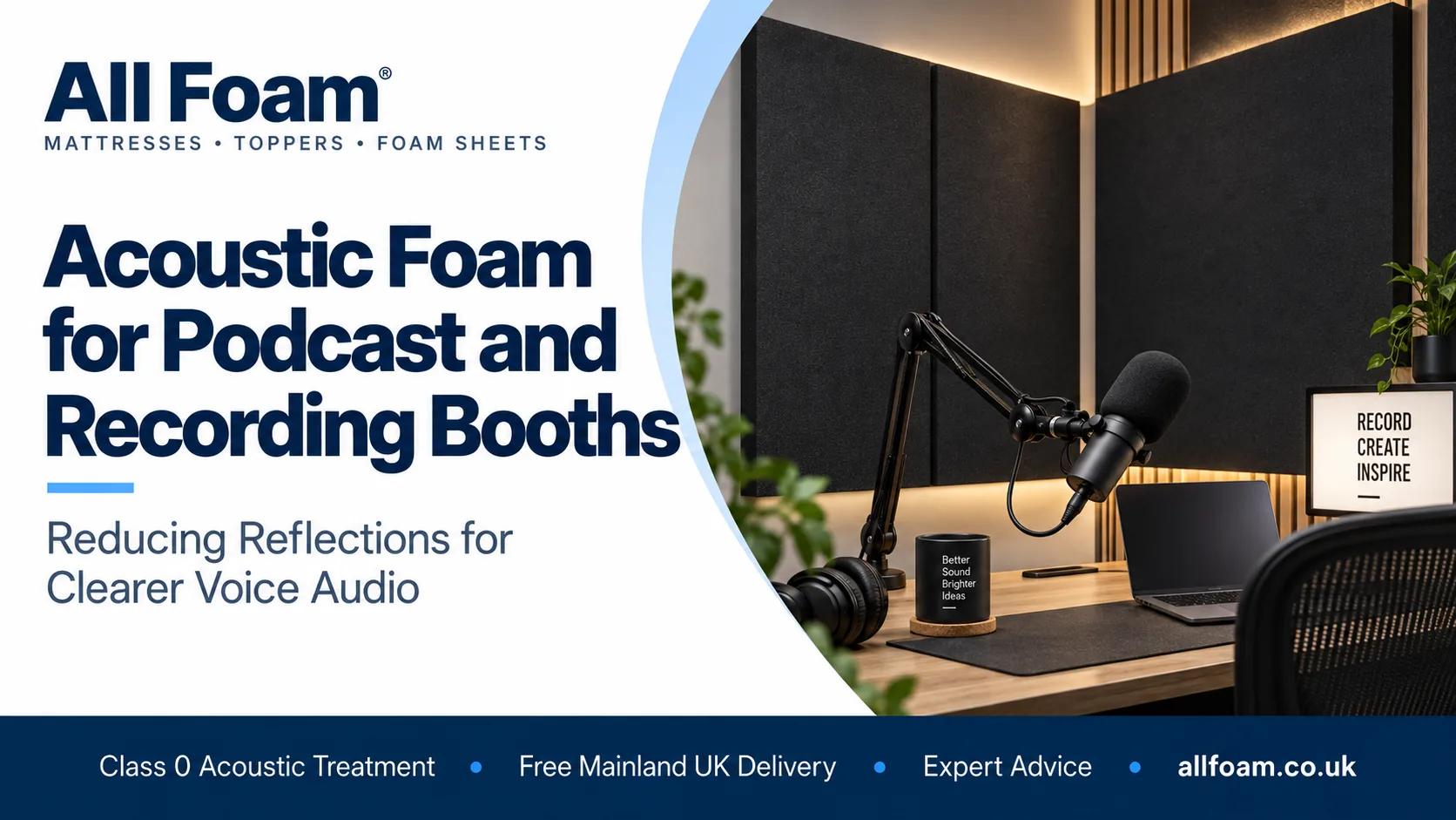 All Foam podcast recording booth acoustic foam guide with microphone and flat wall treatment