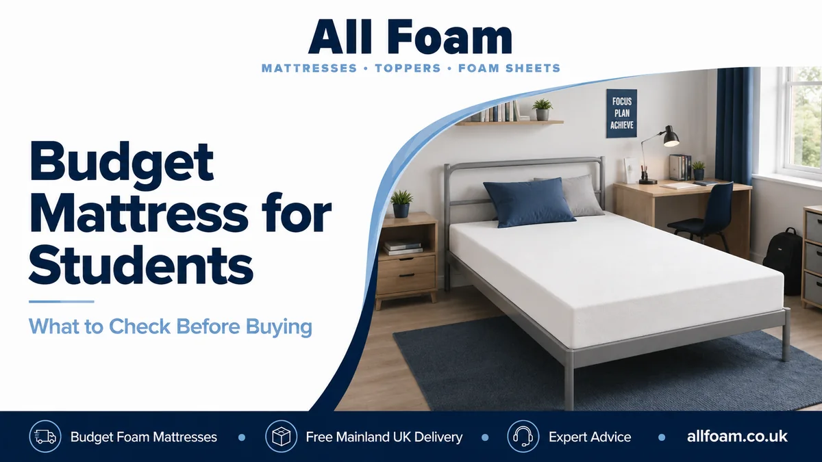 All Foam budget mattress for students guide with a white foam mattress in a compact bedroom