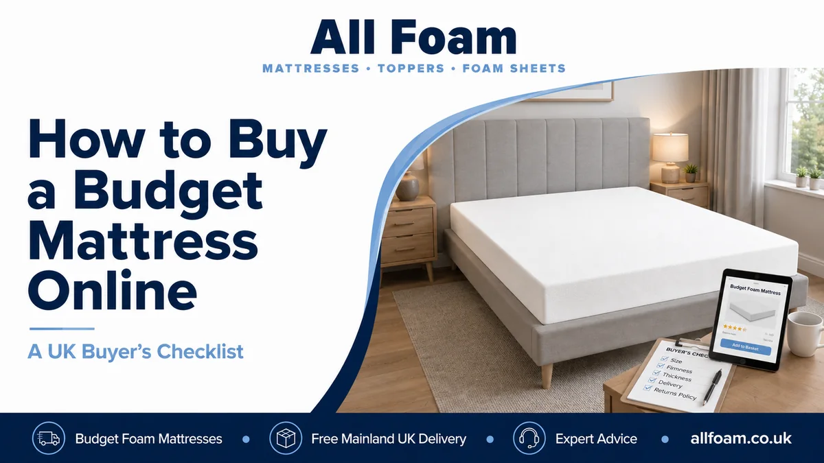 All Foam online budget mattress buying checklist with a white mattress and shopping details