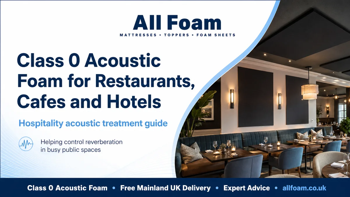 All Foam Class 0 acoustic foam hospitality guide showing flat acoustic treatment in a modern restaurant