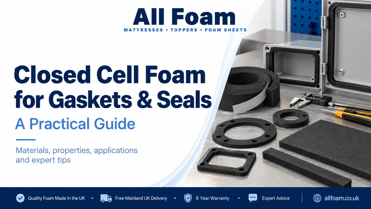 Closed cell polyethylene foam gasket shapes, strips and sheet pieces on a workshop bench