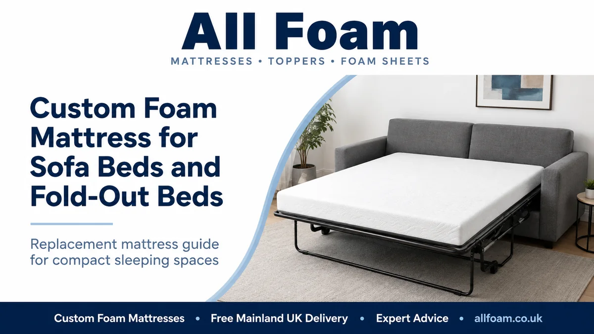 Open sofa bed with a slim custom foam mattress and measuring tape