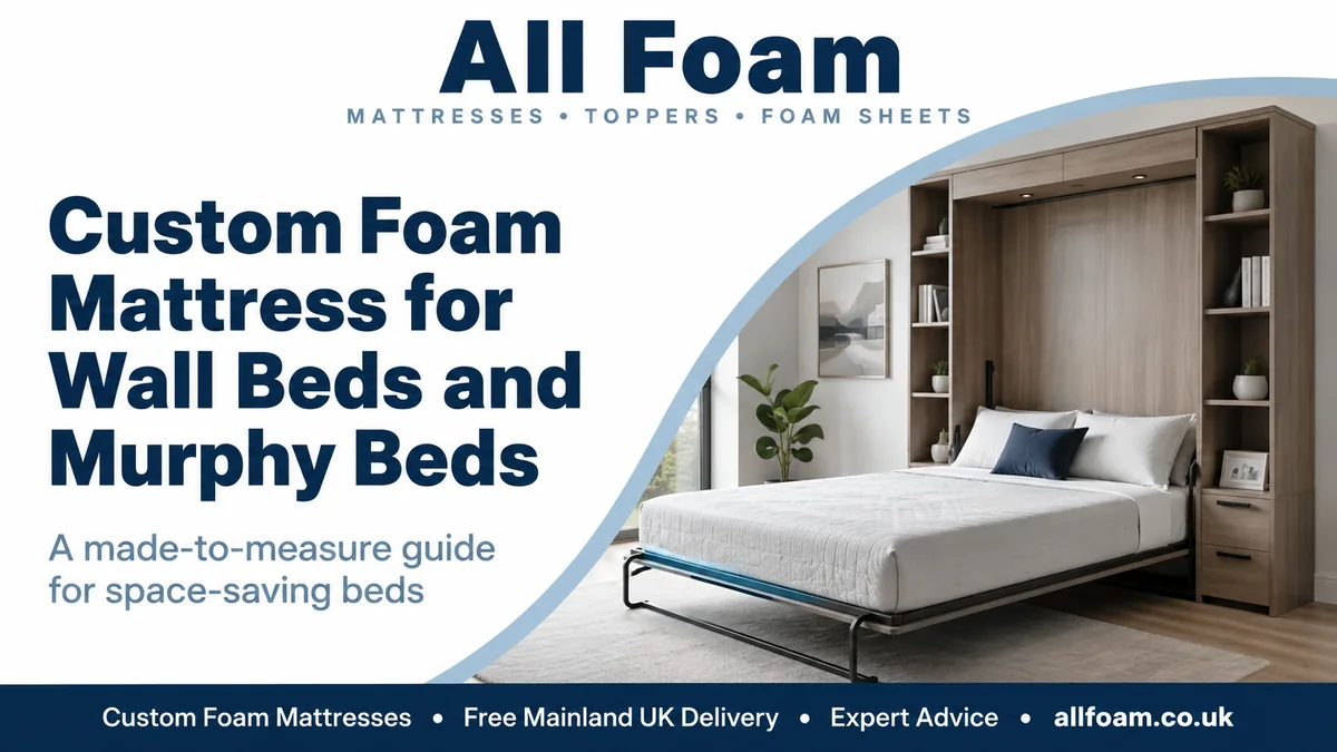 Open wall bed with a custom foam mattress and cabinet mechanism in a compact room