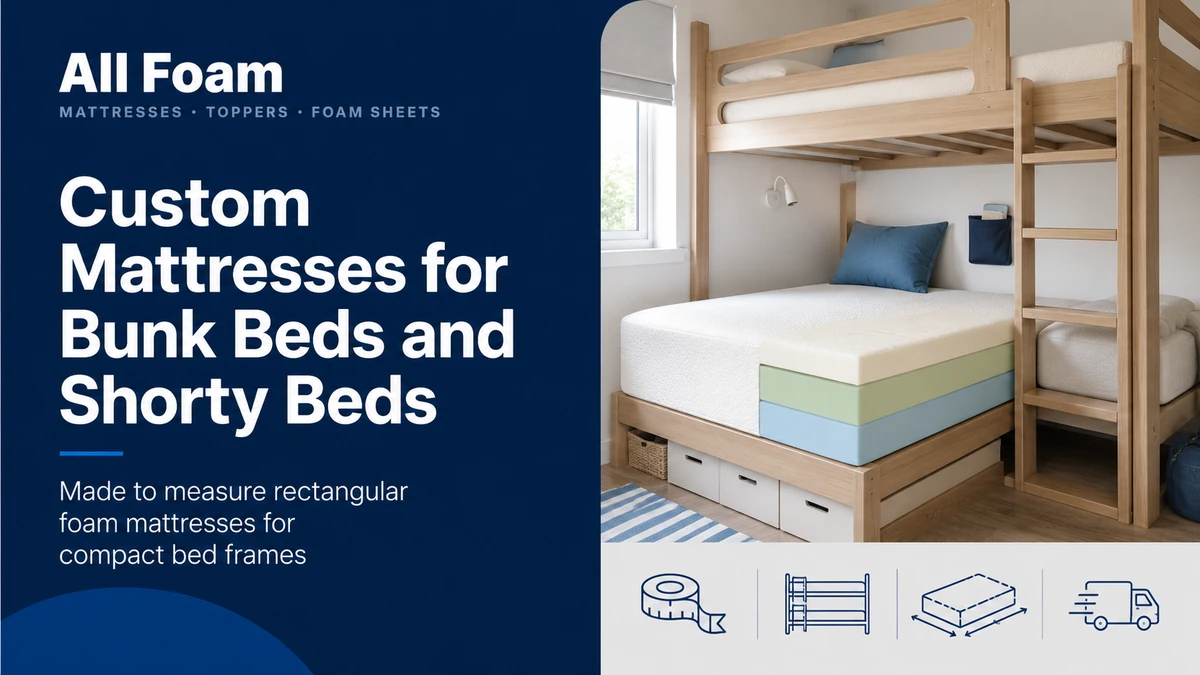 Rectangular custom foam mattress positioned beside a white bunk bed frame
