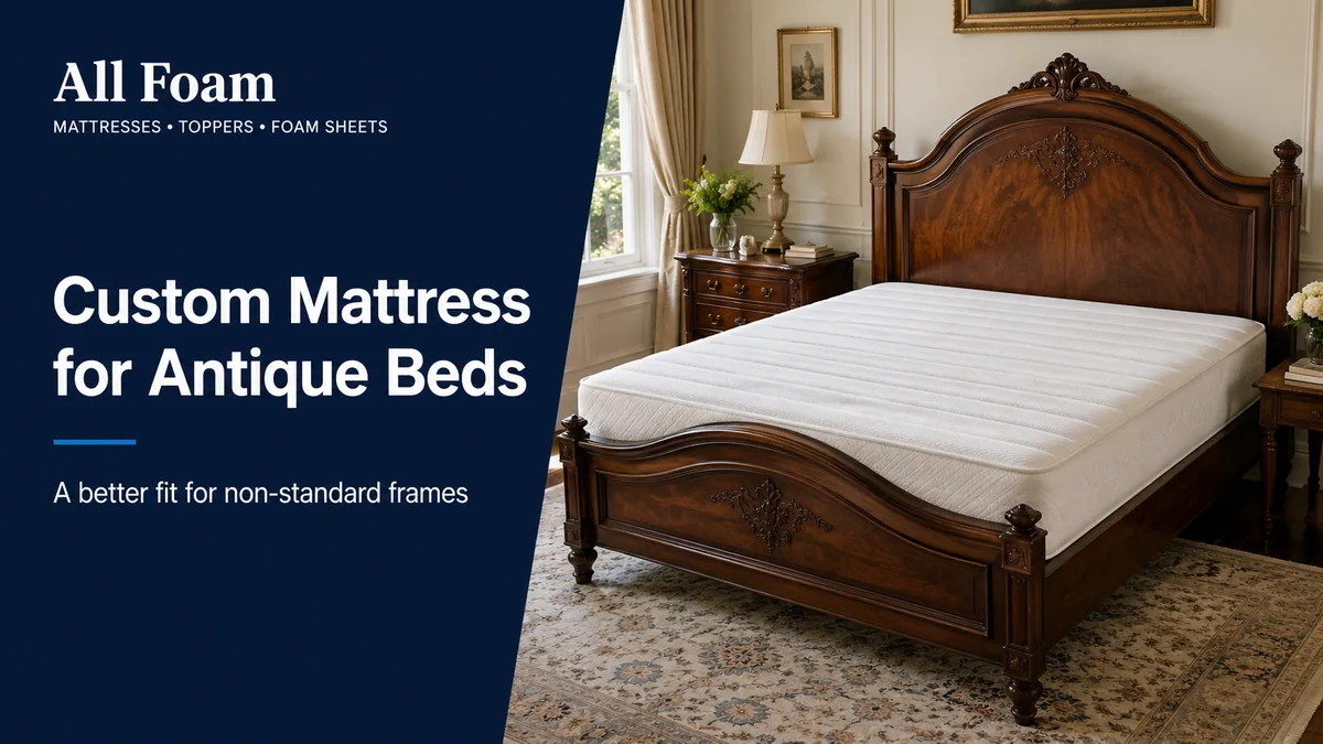 All Foam blog cover showing a custom mattress fitted to an antique wooden bed