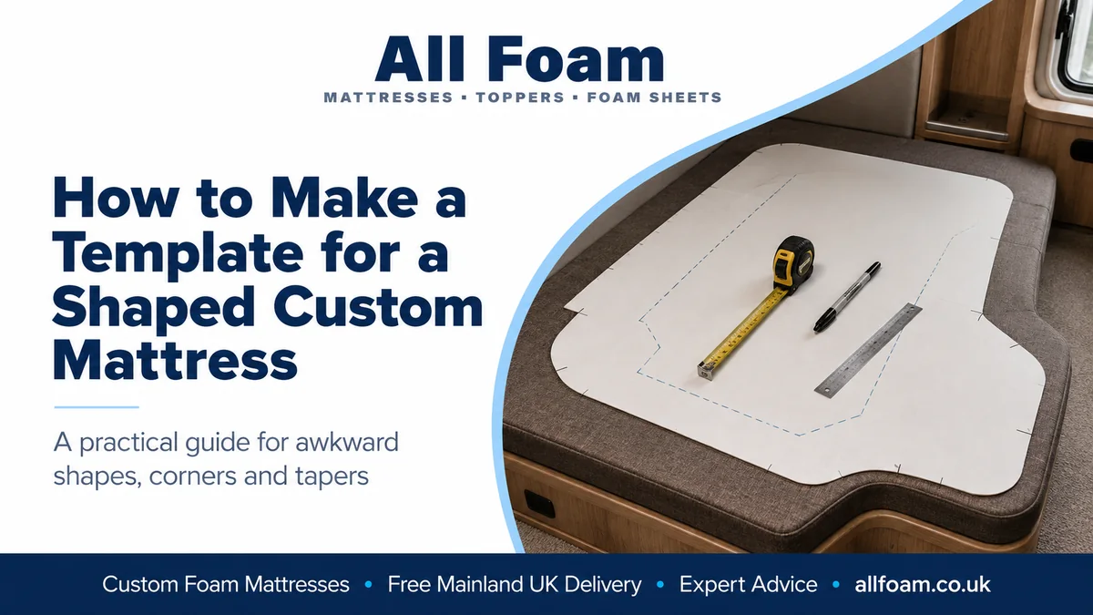 Full-size shaped mattress template with measuring tape and marker beside foam