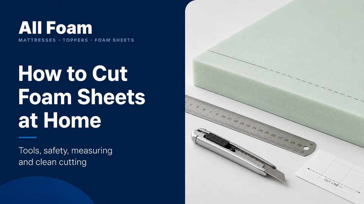 Medium foam sheet with a long knife, straight edge and marked cutting line on a safe work surface