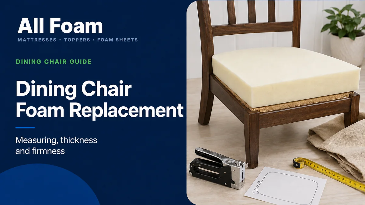 All Foam dining chair foam replacement guide cover showing foam being measured and cut for upholstery