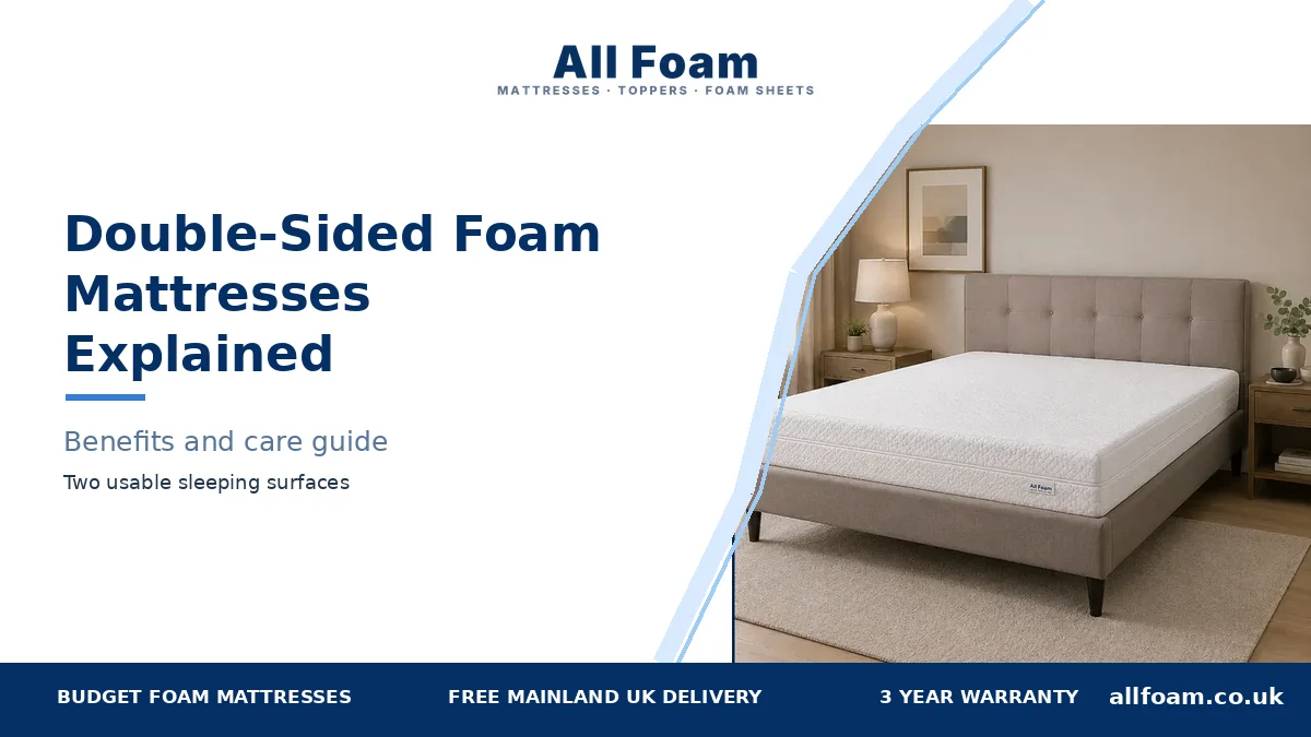 All Foam double-sided foam mattress guide with a dusty pink upholstered bed frame