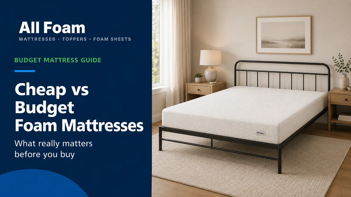 Economically priced foam mattress on a dark navy upholstered bed frame
