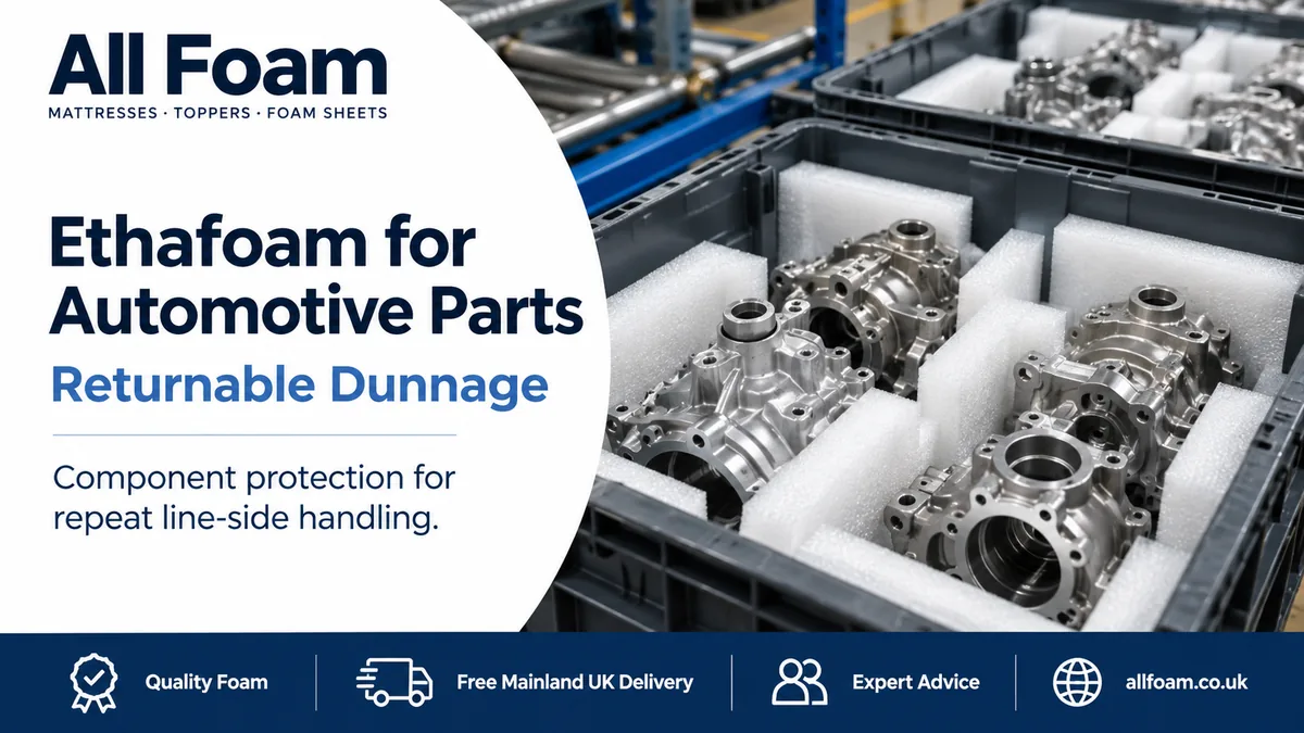 All Foam blog cover showing automotive metal components separated by grey and white semi-rigid foam dunnage inside returnable totes