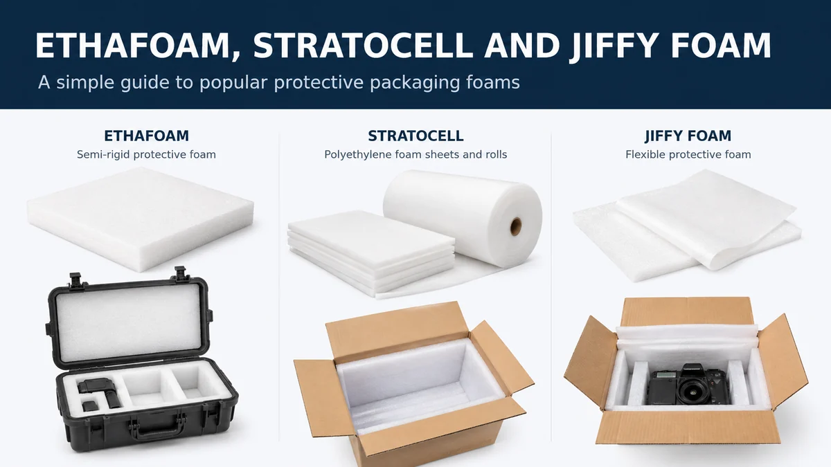 Comparison image showing Ethafoam, Stratocell and Jiffy foam used for protective packaging