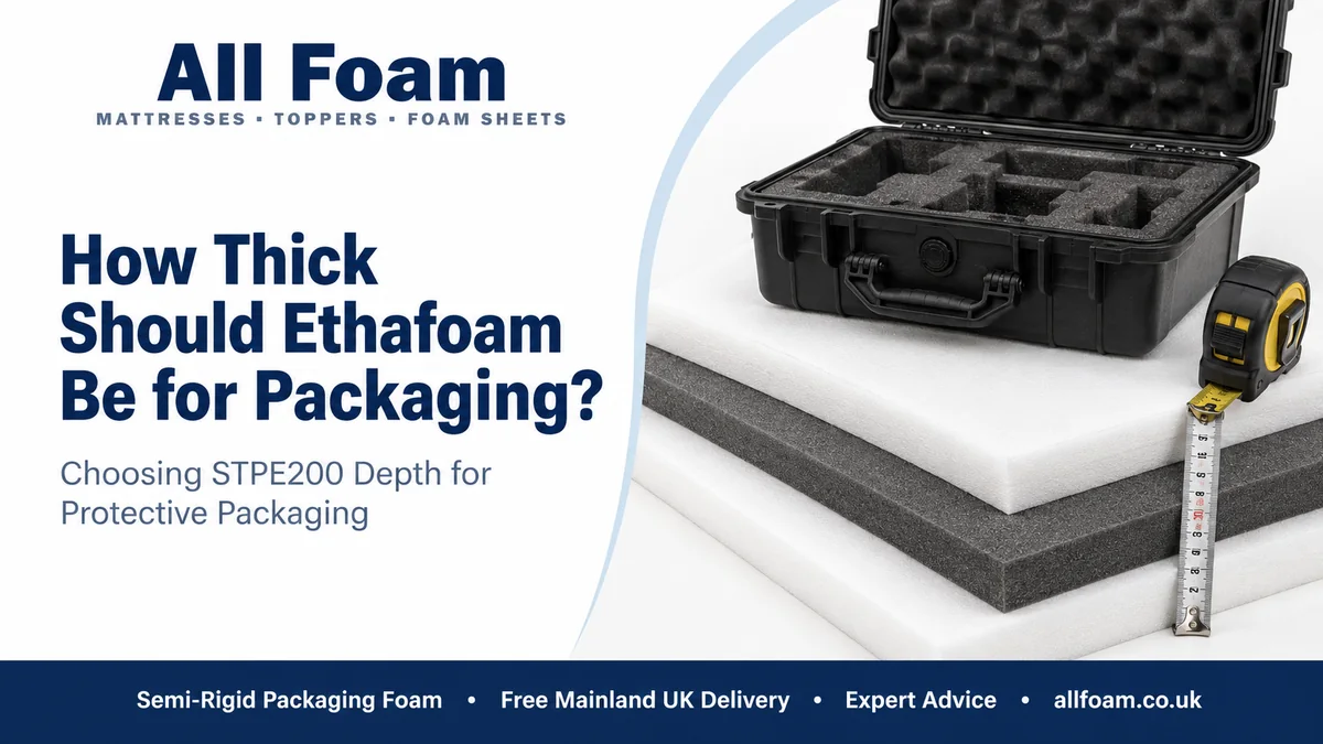 All Foam Ethafoam thickness guide showing semi-rigid packaging foam sheets and measuring equipment