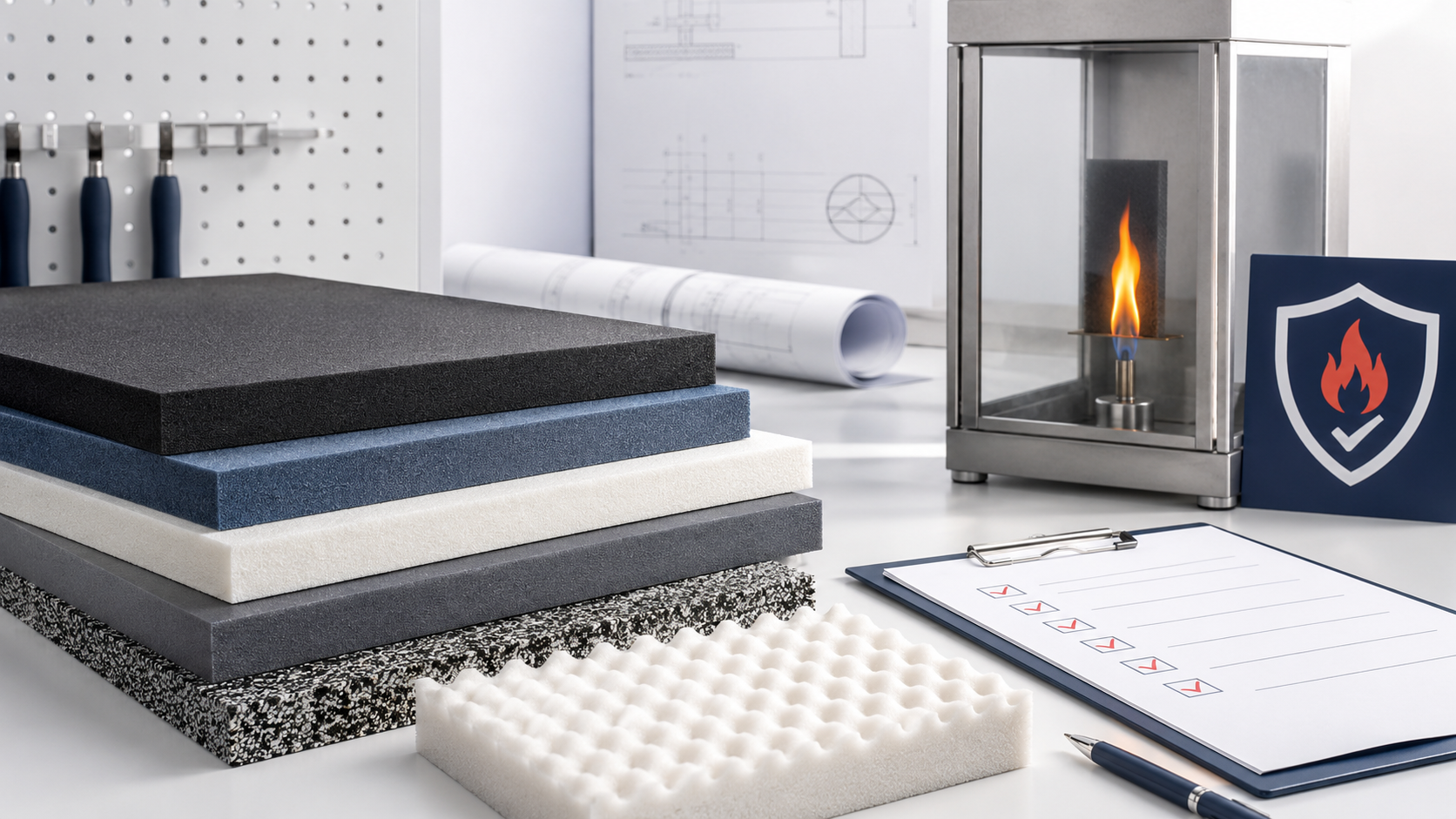 Foam materials in a testing workspace with fire safety checklist