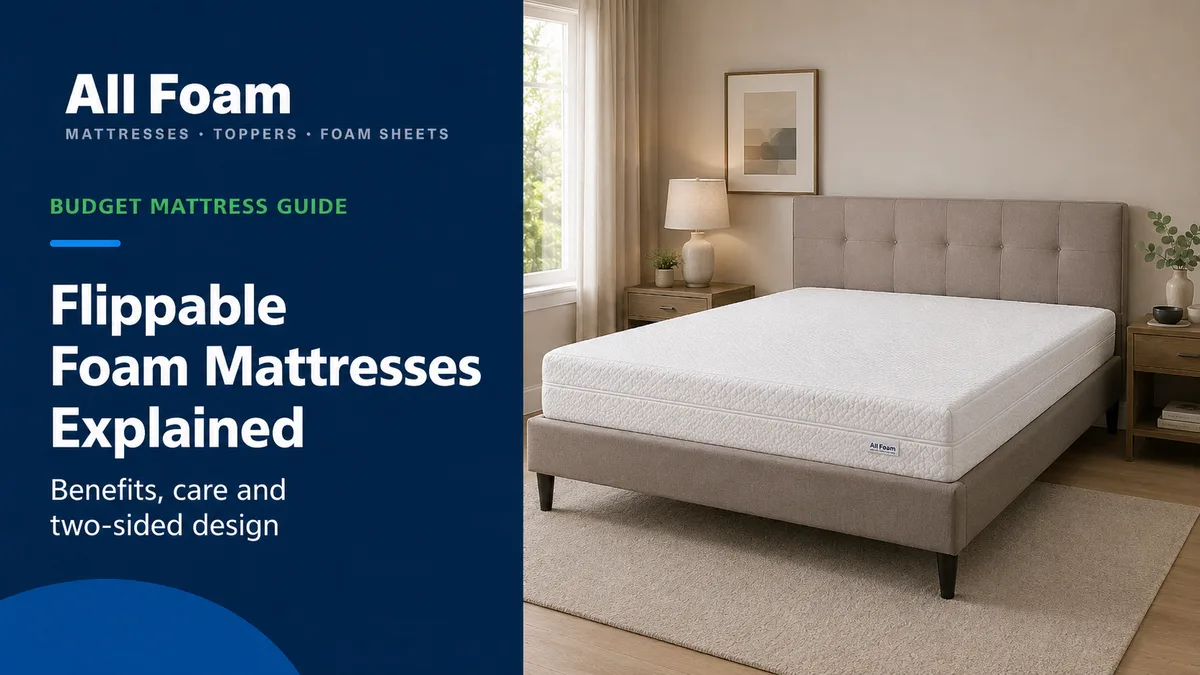 All Foam flippable foam mattress guide with a dusty pink upholstered bed frame