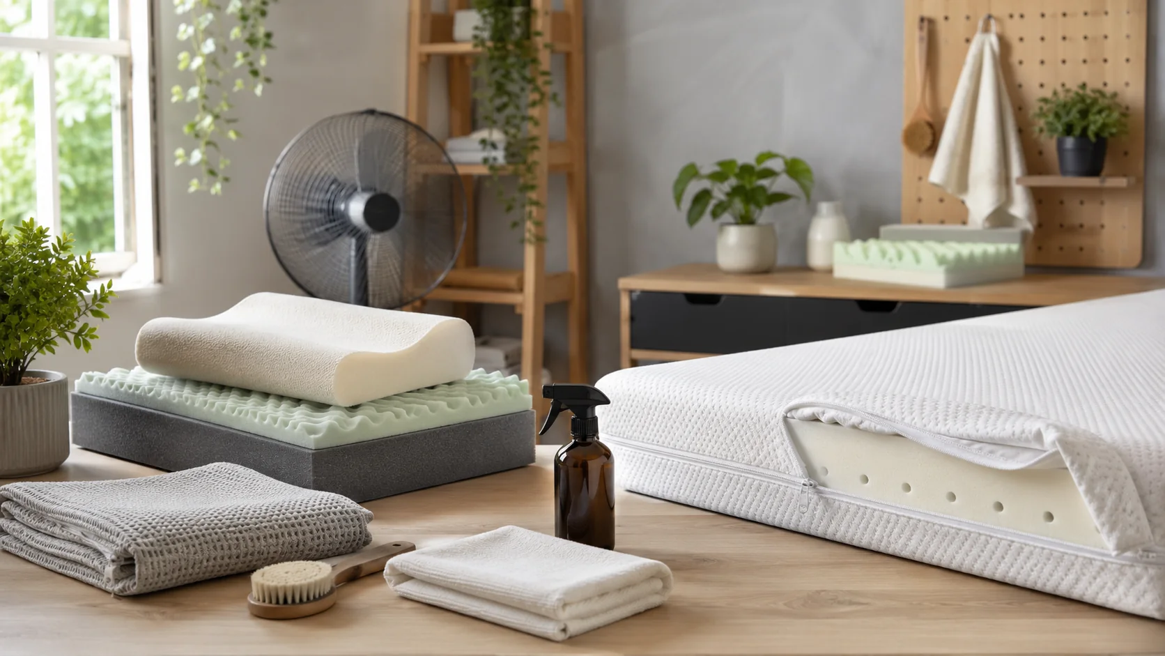 Clean workspace with foam products and care items
