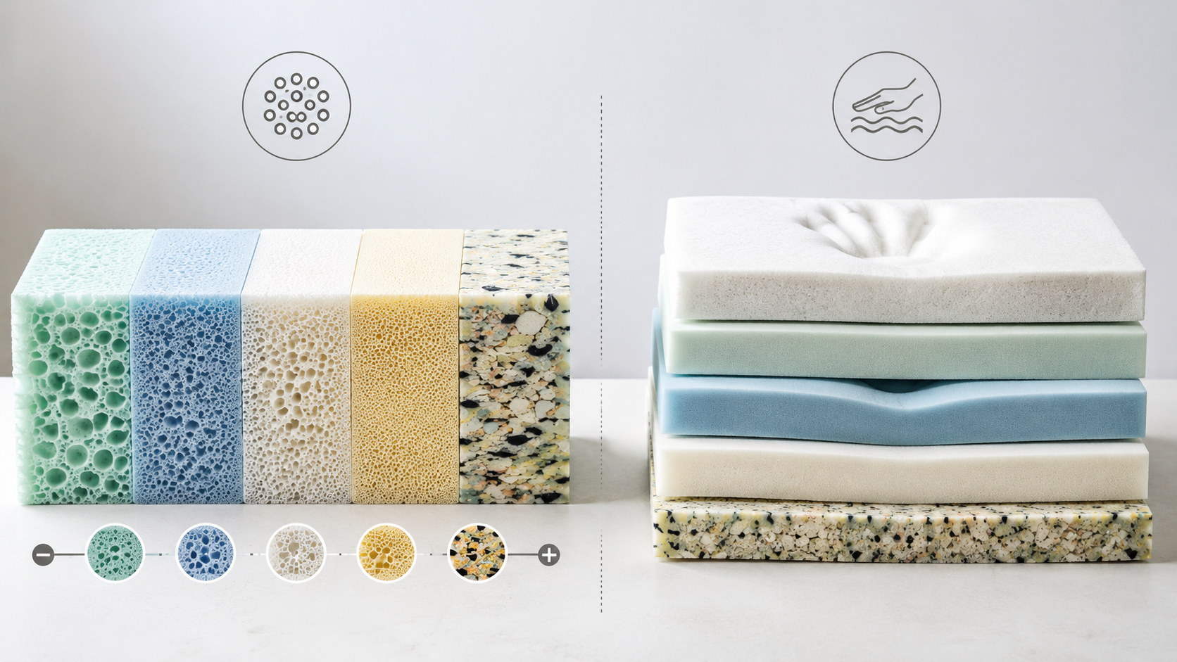 Different foam samples showing density and firmness differences
