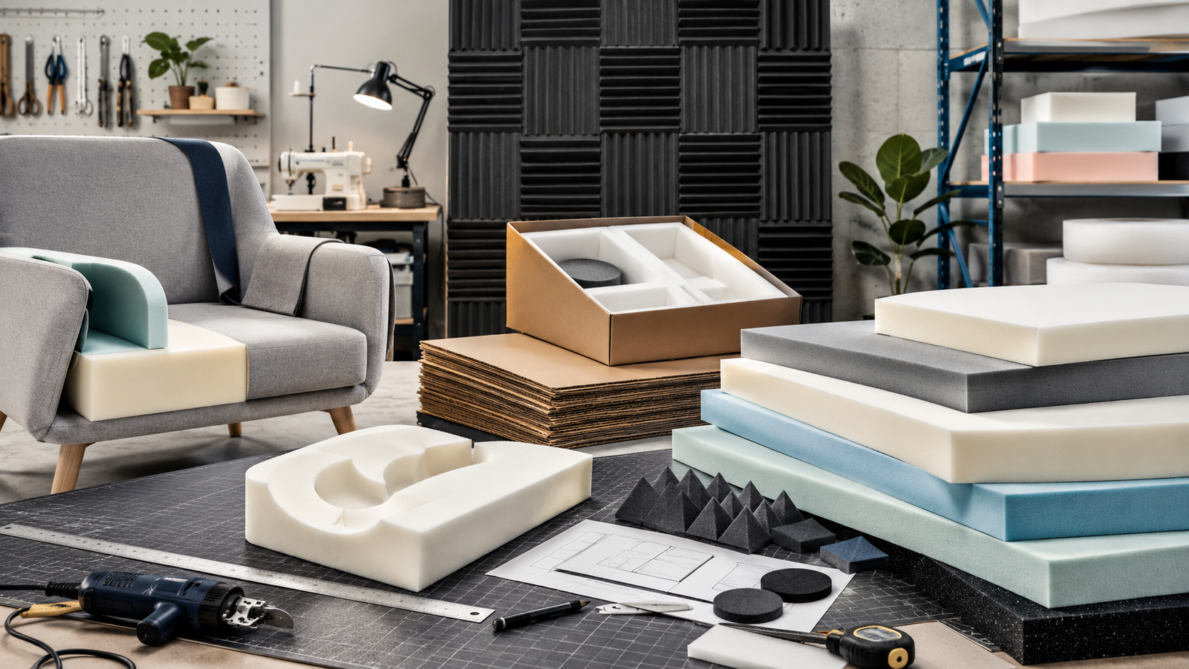 Workshop setup with foam sheets, upholstery foam and packaging foam