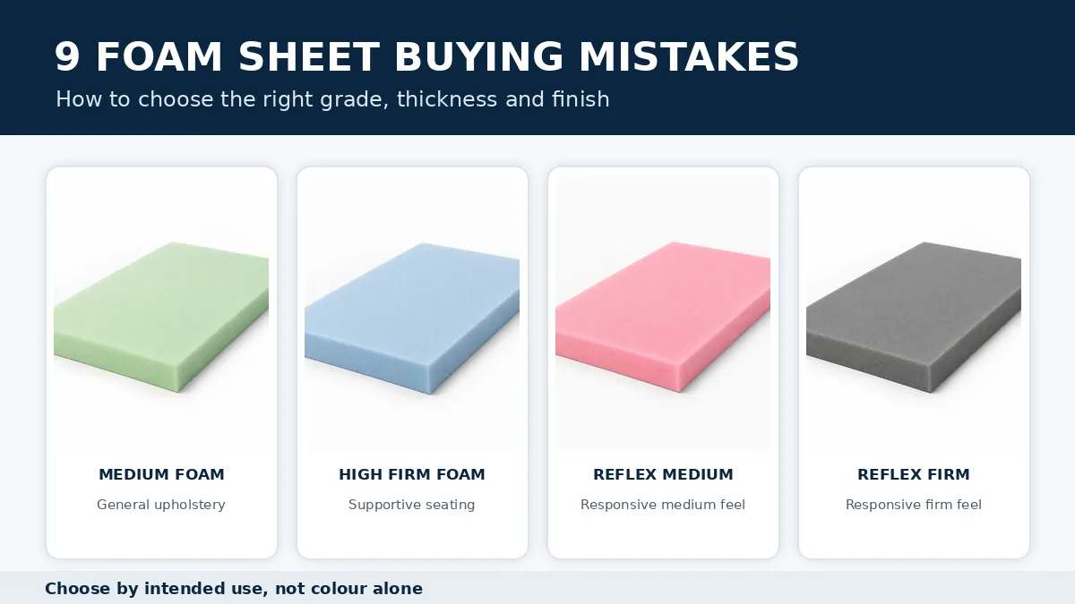 Selection of coloured foam sheets showing different grades and intended uses