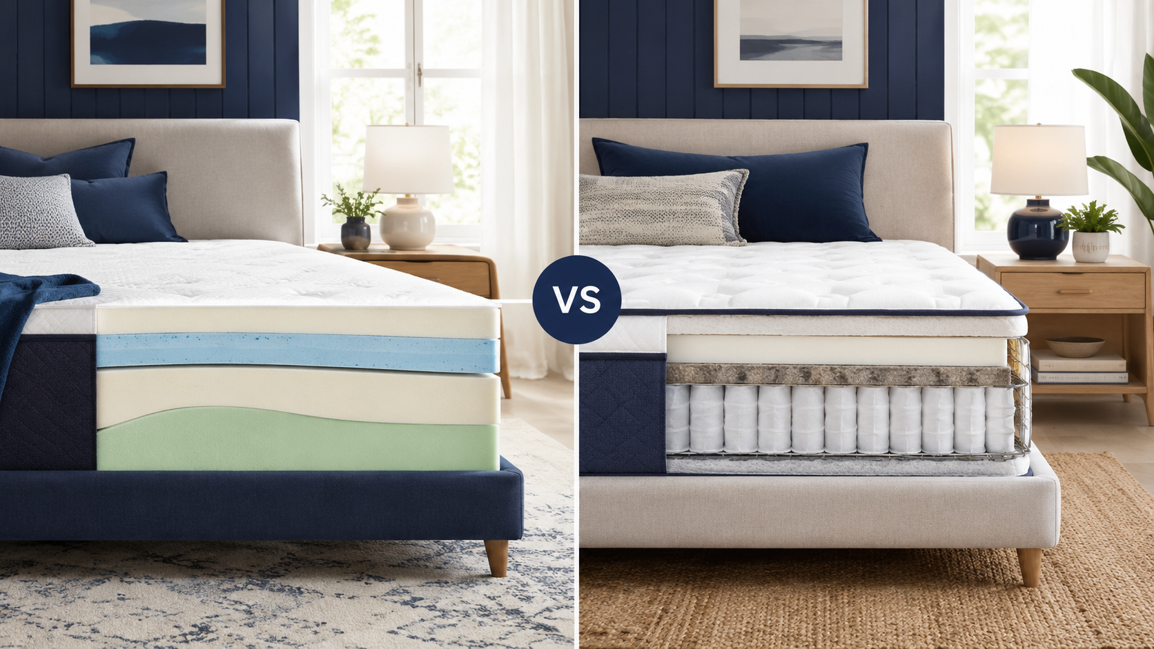 Foam mattress and spring mattress comparison in a bedroom