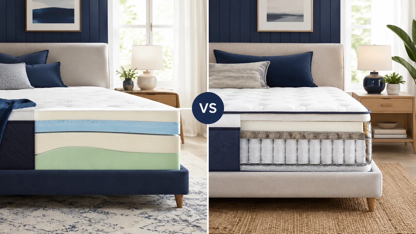 Foam mattress and spring mattress comparison in a bedroom