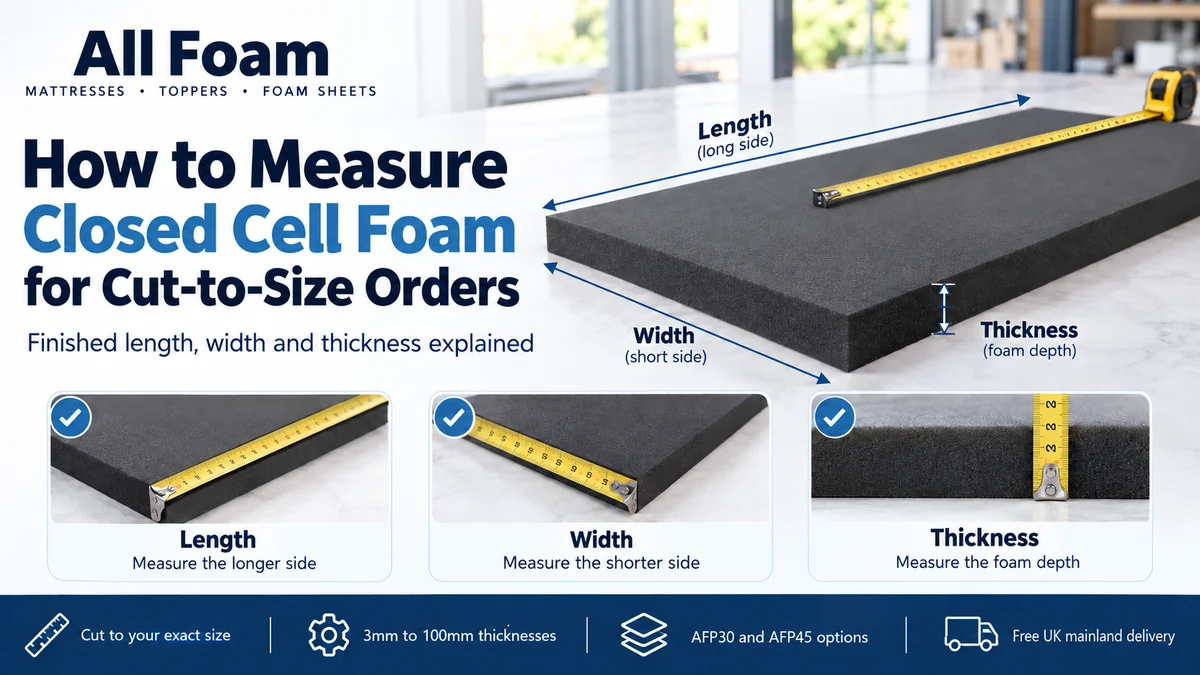 Black closed cell foam sheet marked with the longer length, shorter width and vertical thickness, alongside measuring tape examples
