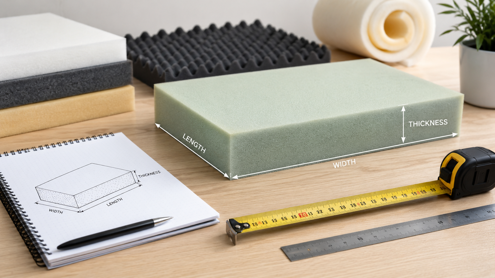 Foam block being measured with tape measure and tools