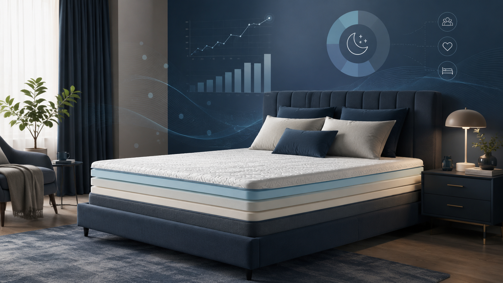 Modern bedroom with layered foam mattress and sleep trend graphics