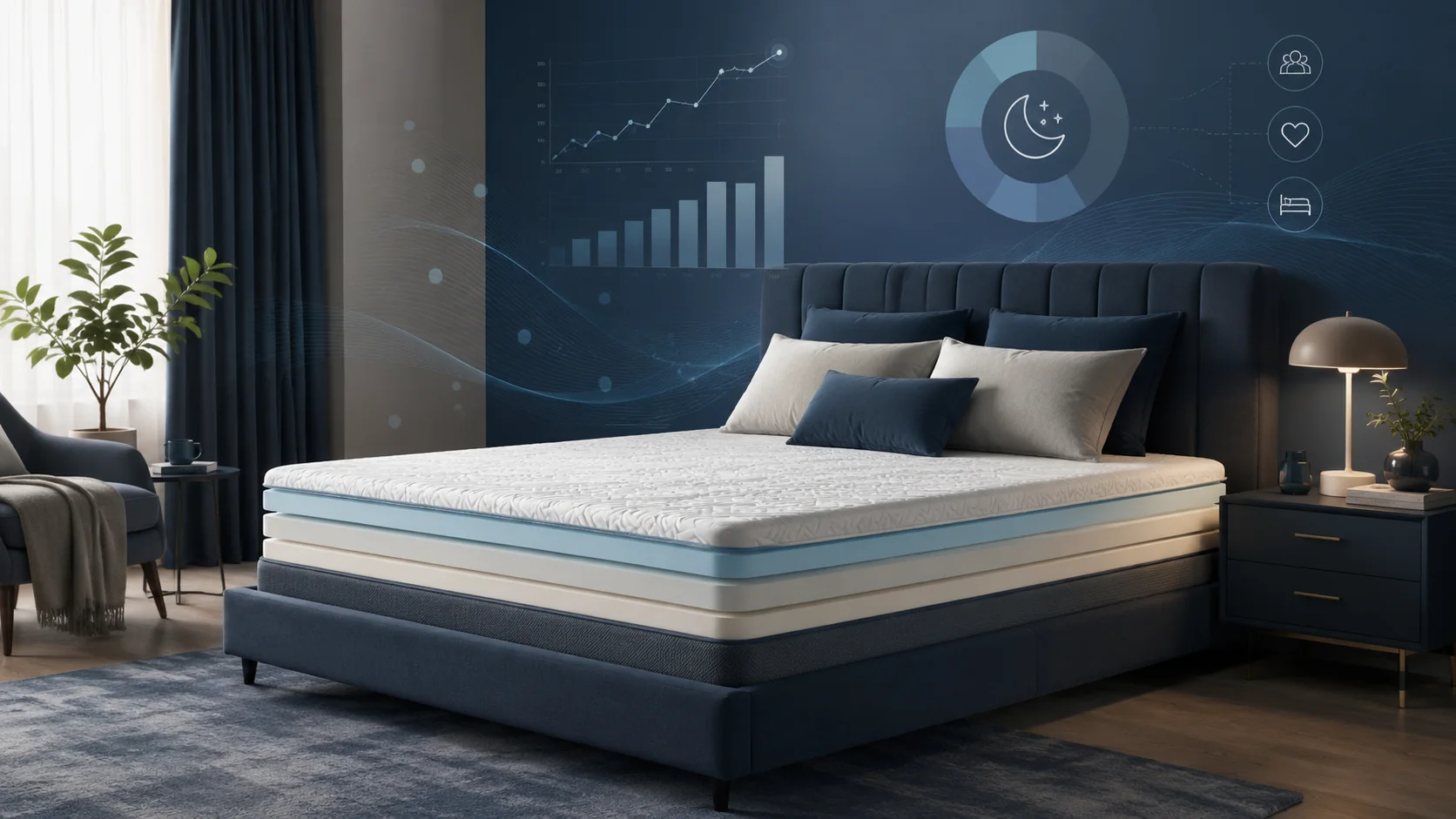 Modern bedroom with layered foam mattress and sleep trend graphics