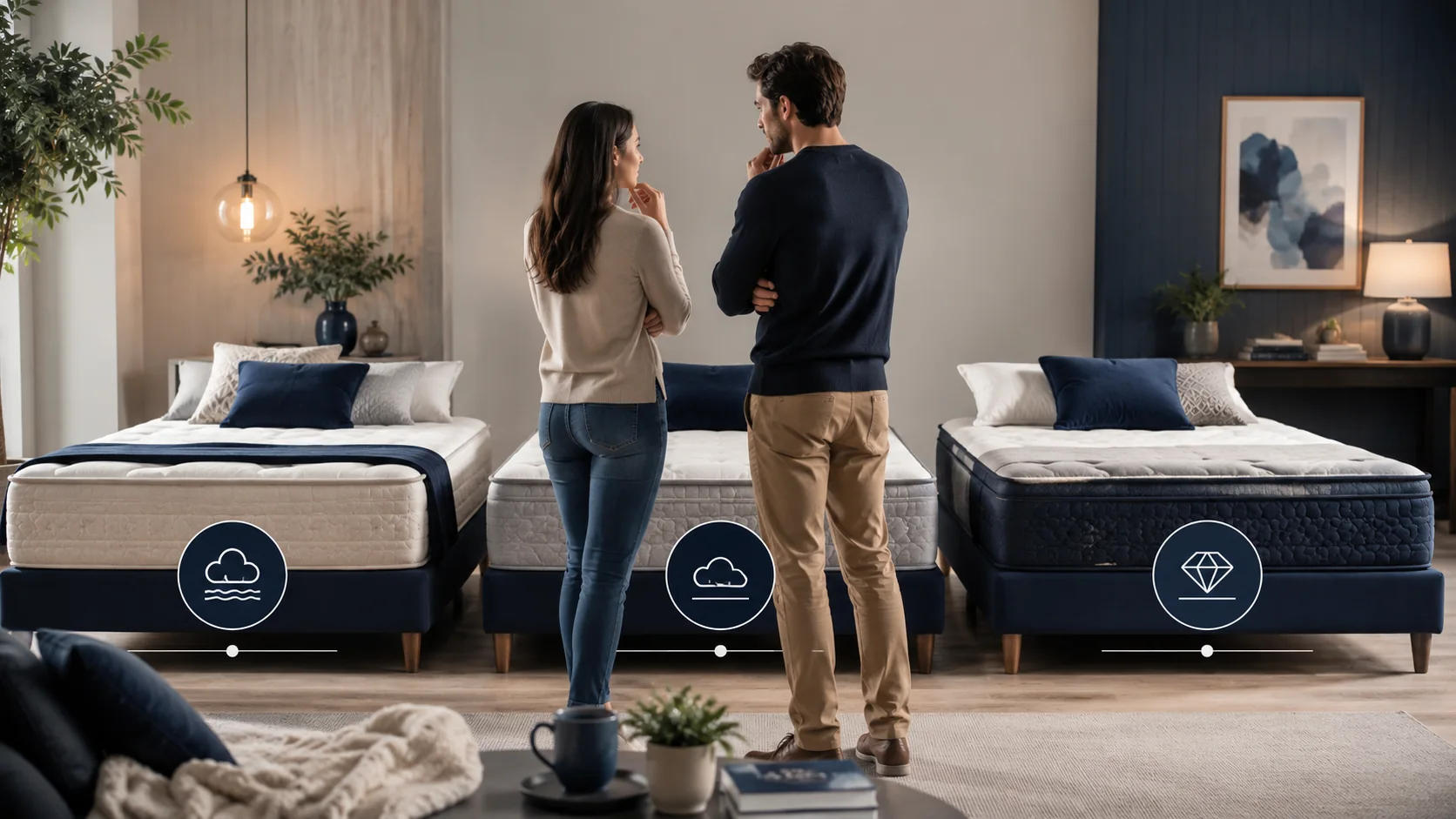 Couple comparing different mattress firmness options in a showroom