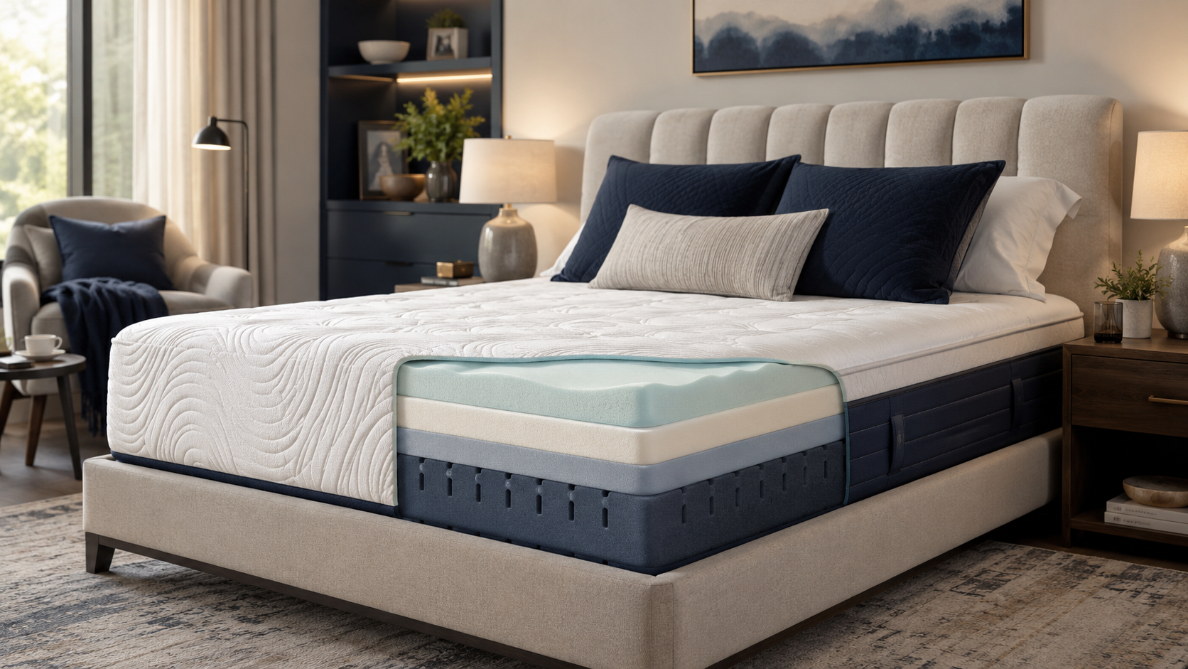 Layered memory foam mattress in a modern bedroom