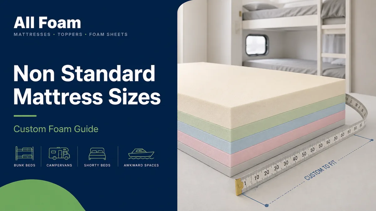 All Foam custom foam mattress layers shown beside measuring tape for non standard mattress sizes