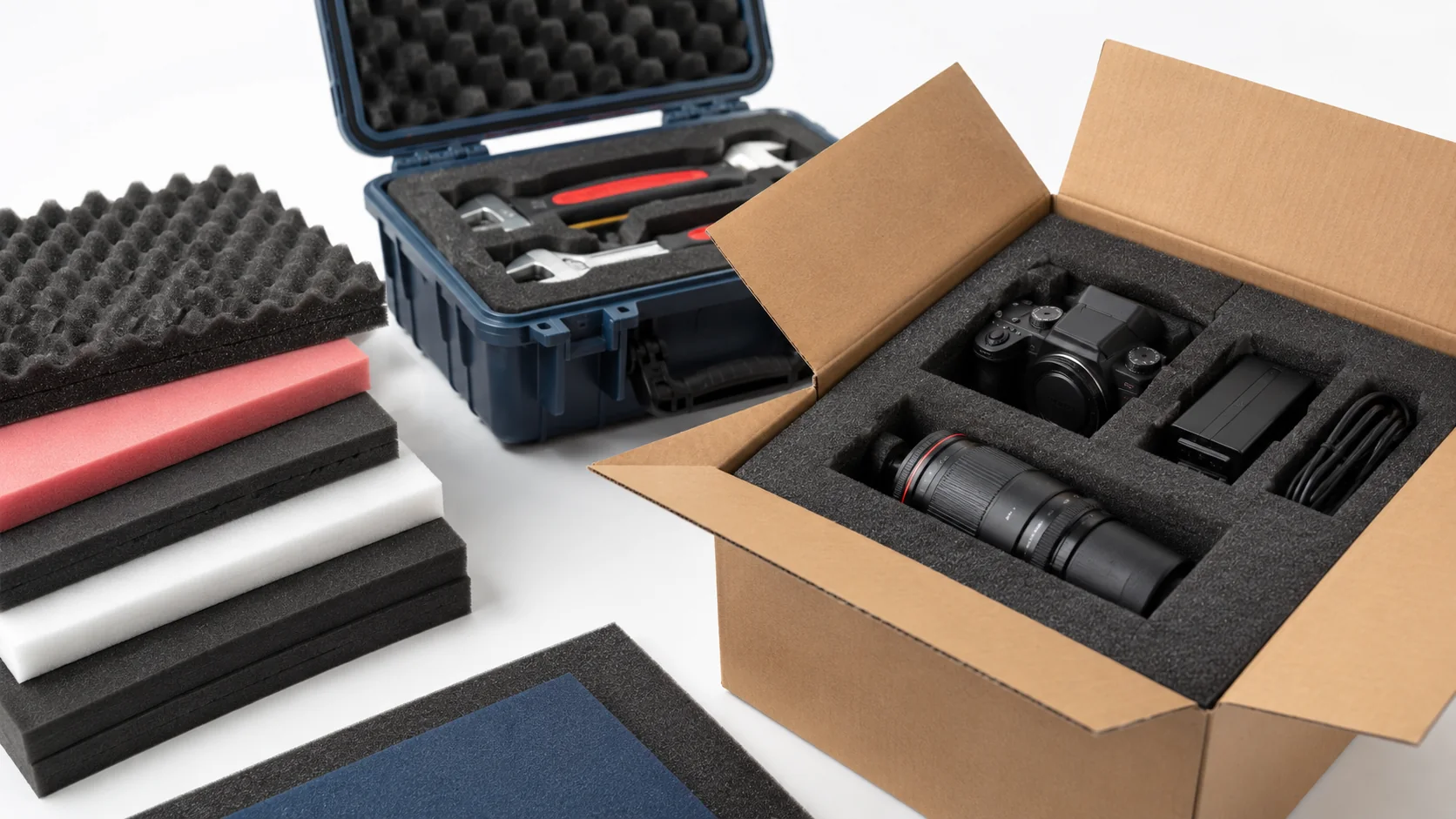 Protective packaging foam around delicate camera equipment