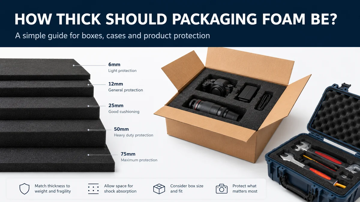 Guide showing packaging foam thickness options for boxes, cases and product protection