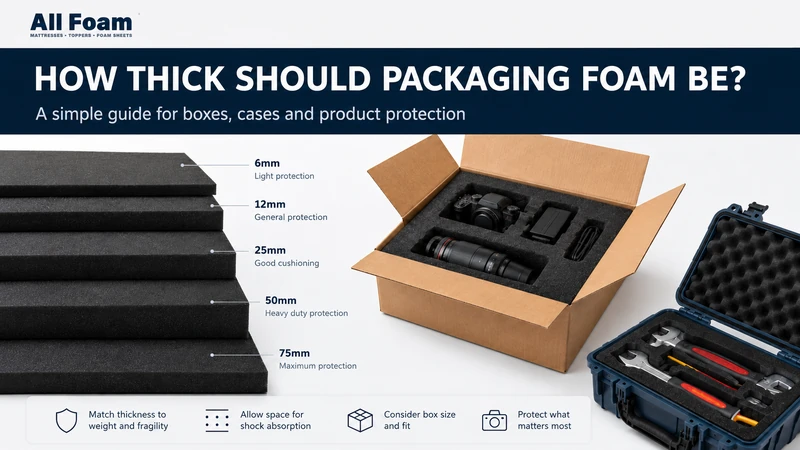 Packaging foam thickness guide for boxes, cases and protective inserts
