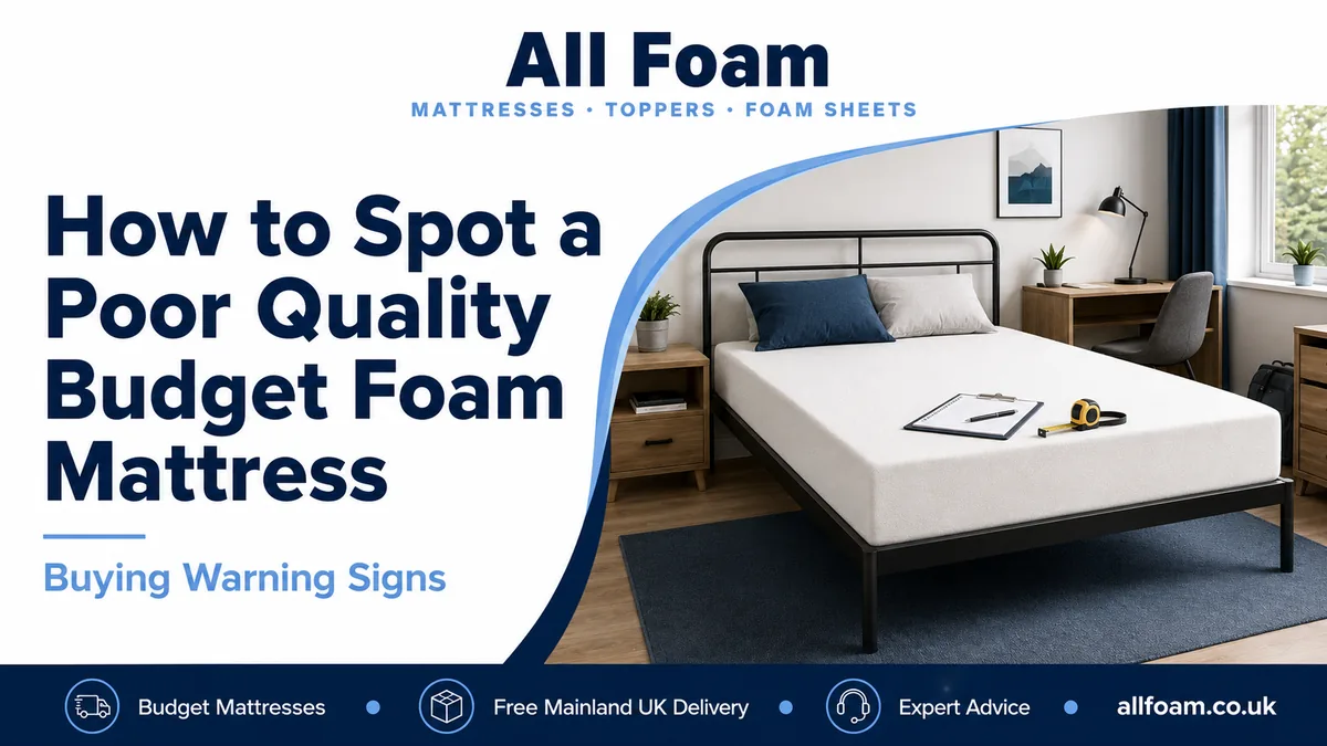 All Foam guide to spotting poor quality budget foam mattresses with a mattress, clipboard and measuring tape