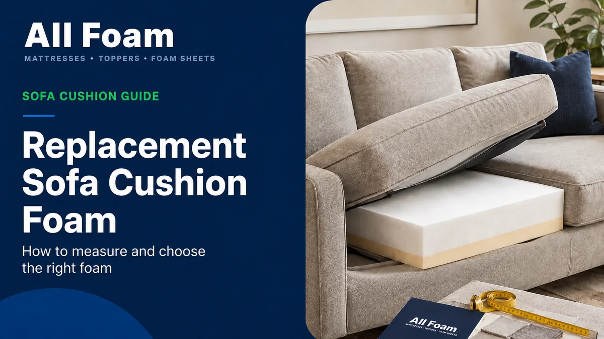 All Foam replacement sofa cushion foam guide cover showing seating foam grades beside an upholstered chair