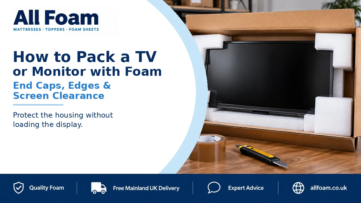 All Foam blog cover showing a flat screen monitor protected by white foam end caps inside a strong carton