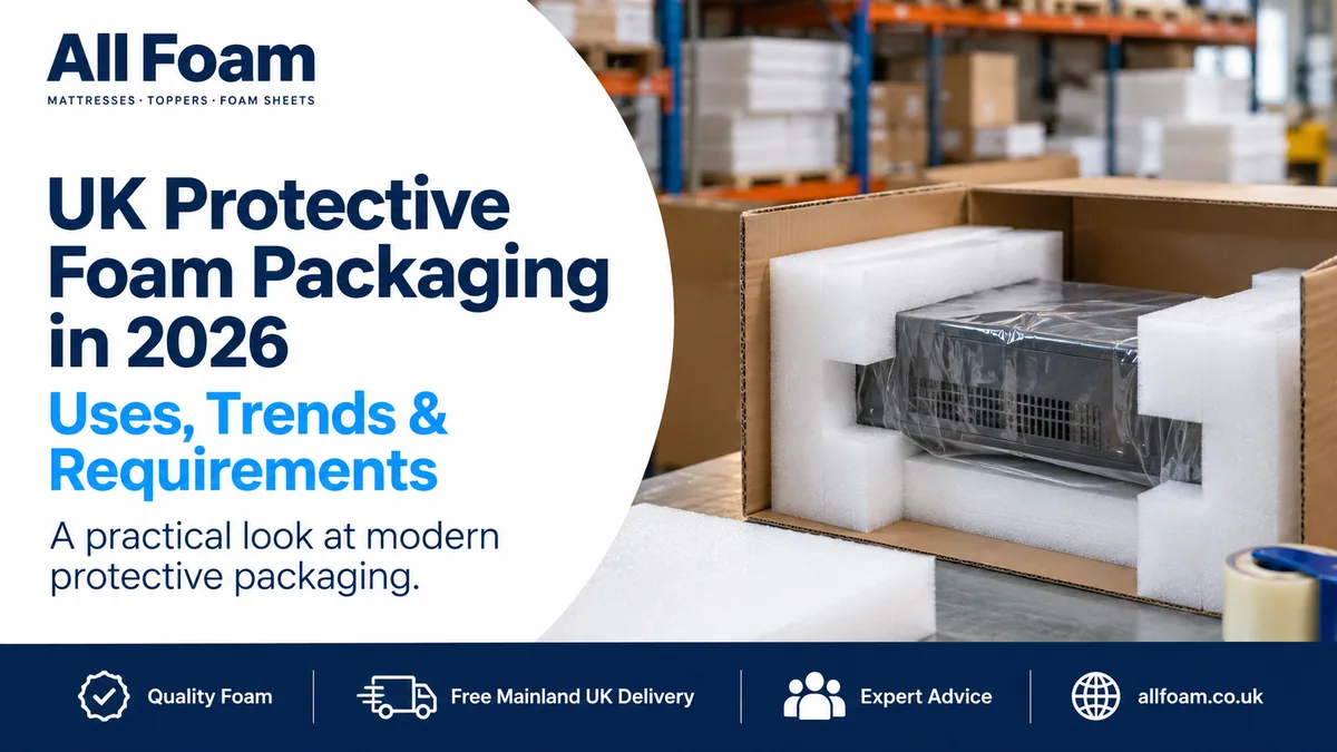 All Foam blog cover showing protective foam packaging around equipment in a UK warehouse packing area