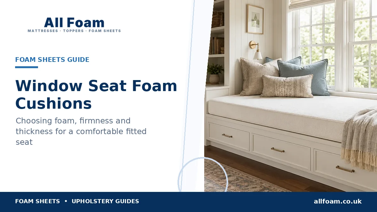 Upholstered window seat cushion with foam sheet selection guidance