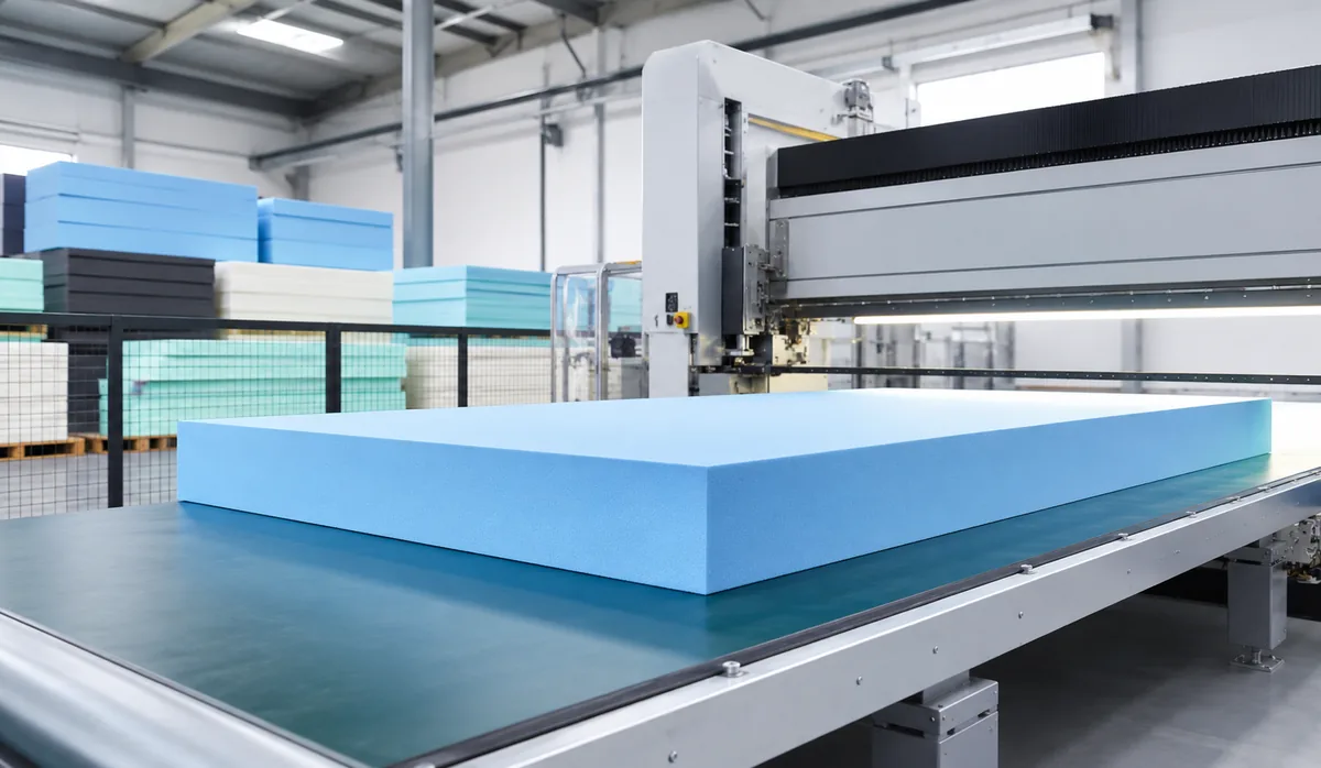 Modern foam cutting machine processing a blue foam sheet